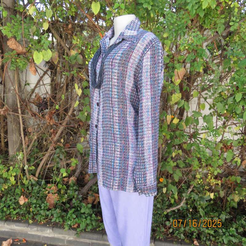 Tasteful check pattern long sleeve silky polyester top in blue-pink-black-white. Size 42