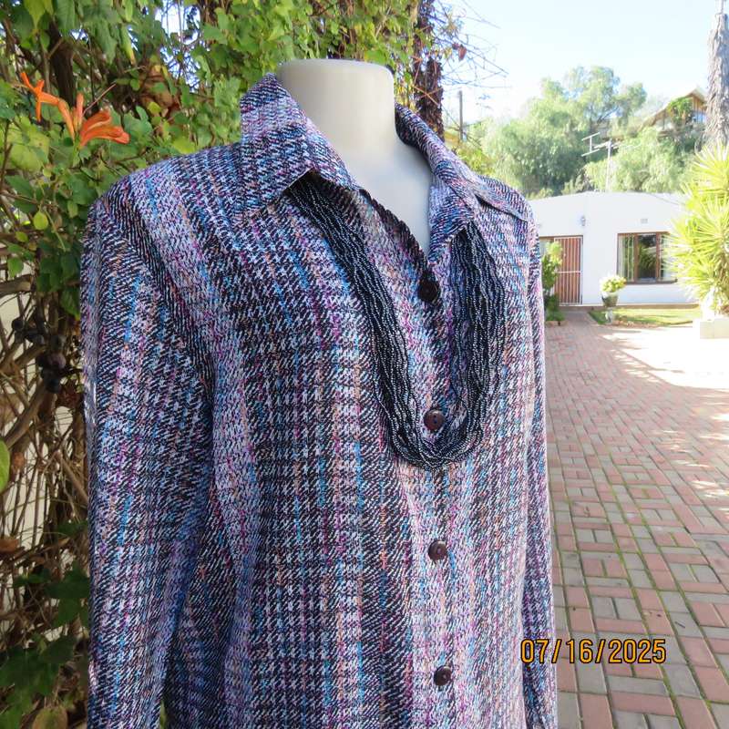 Tasteful check pattern long sleeve silky polyester top in blue-pink-black-white. Size 42