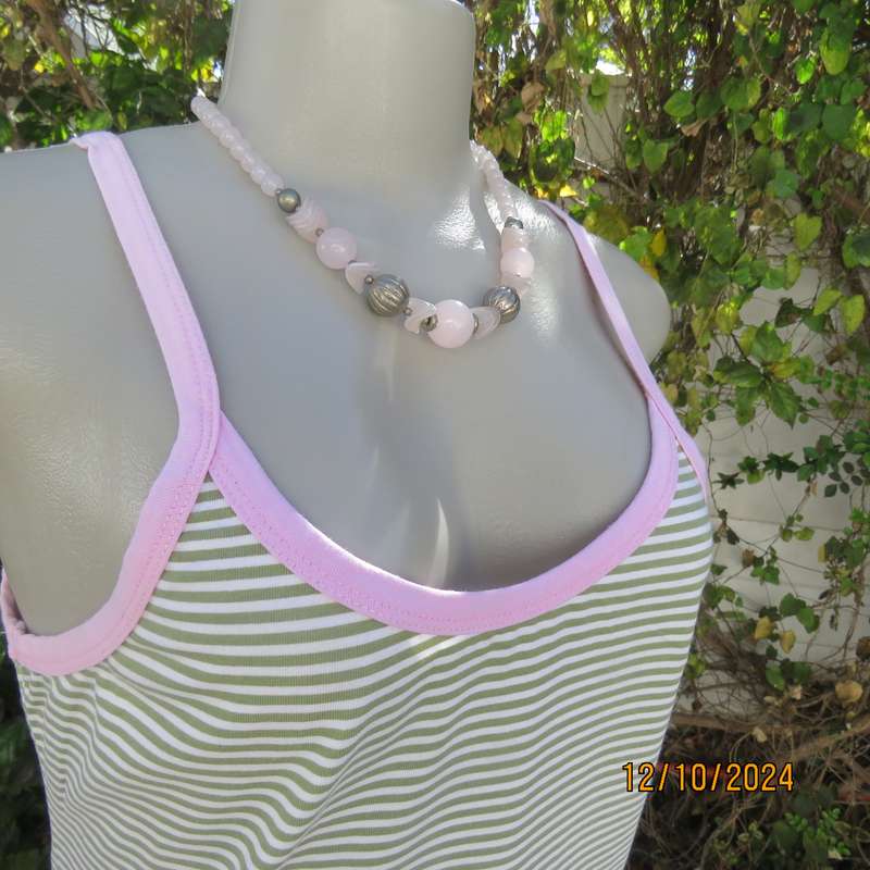 Chic olive green/white horizontal striped cotton top by INDIGO from Canada.Size 34/36. Pink edging.