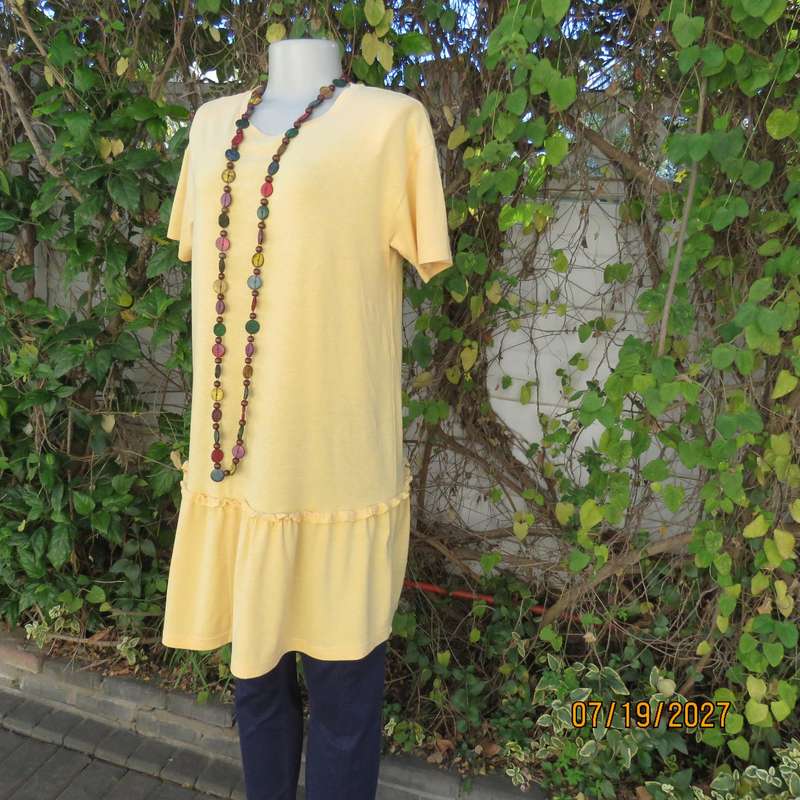 Buttercup yellow slip over polycotton stretch long top with wide bottom frill. Size 36