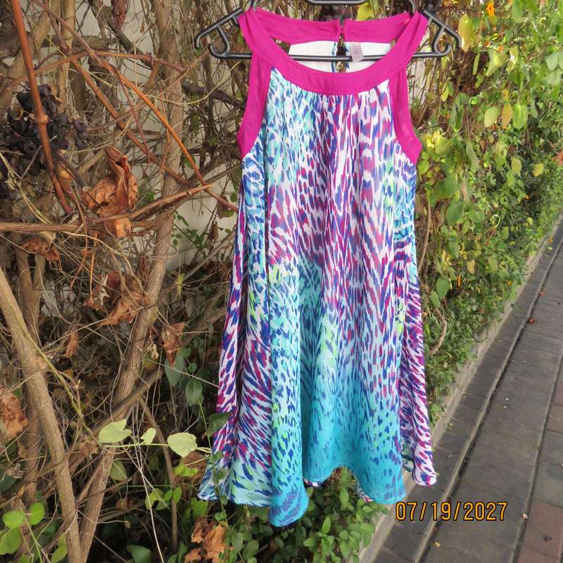 GOSSIP wide cut gathered 2 layer colourful polyester dress for 11 to 12 year old girl.