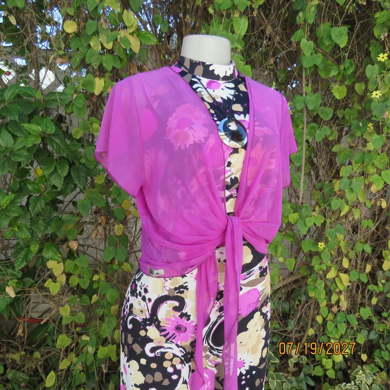 LIZZI'S violet sheer stretch polyester bolero size 38. Capped sleeves. Long front points to tie