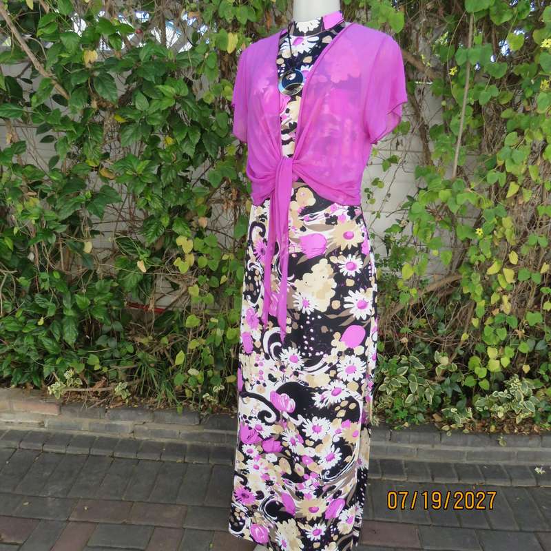 LIZZI'S violet sheer stretch polyester bolero size 38. Capped sleeves. Long front points to tie