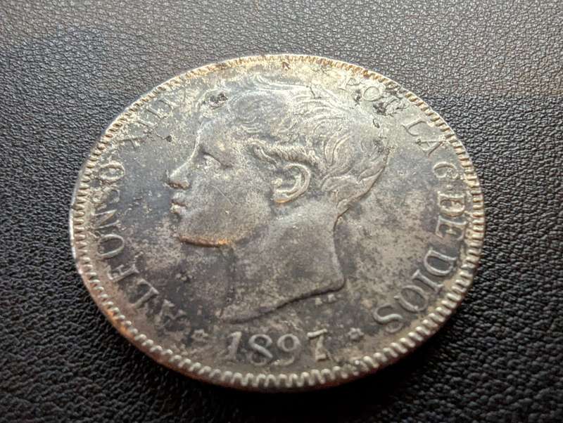 1897 Spain 5 Pesetas - Alfonso XIII 3rd portrait - 90% Silver