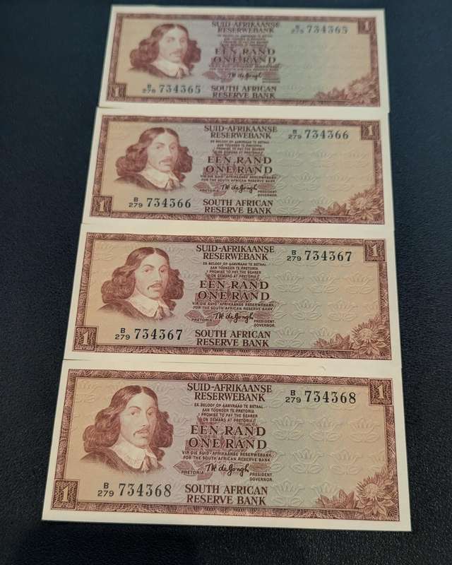TW de Jongh - One Rand Bank Notes x 4 ( Consecutive numbers )