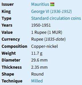 Mauritius 1950 One Rupee - George VI