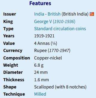 1919 India 4 Annas - George V