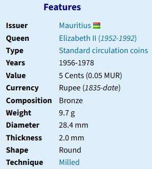 Mauritius 5 Cents - Elizabeth II 1st portrait 1978