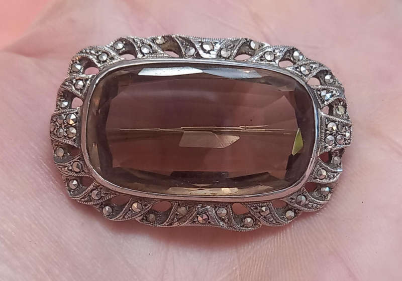 Vintage Stunning Sterling Silver Smokey Topaz and Marcasite Brooch