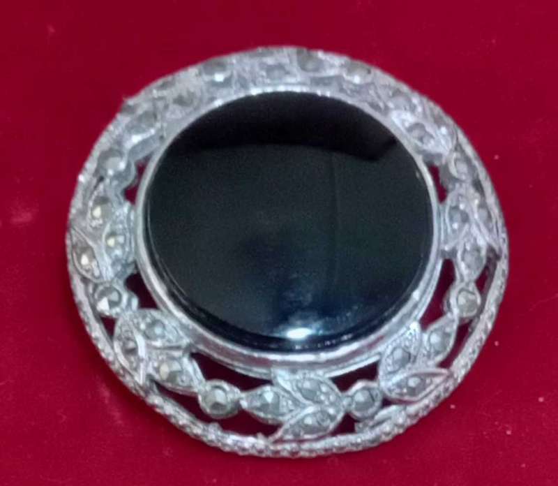 Vintage Sterling Silver Onyx and Marcasite Brooch