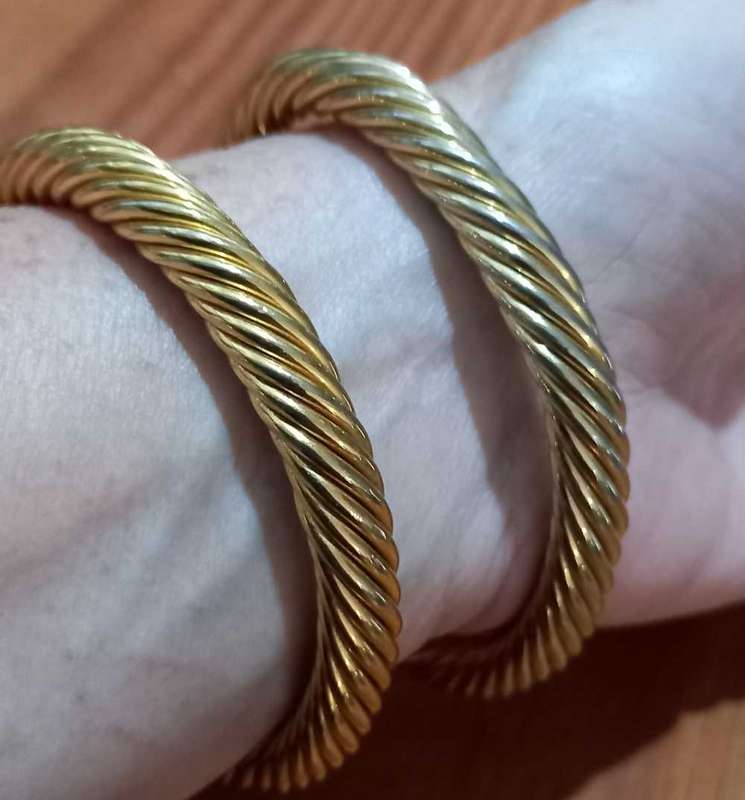 Vintage Gold Tone Cable Cuff Bangles with Red and Green Glass Cabachon Stones