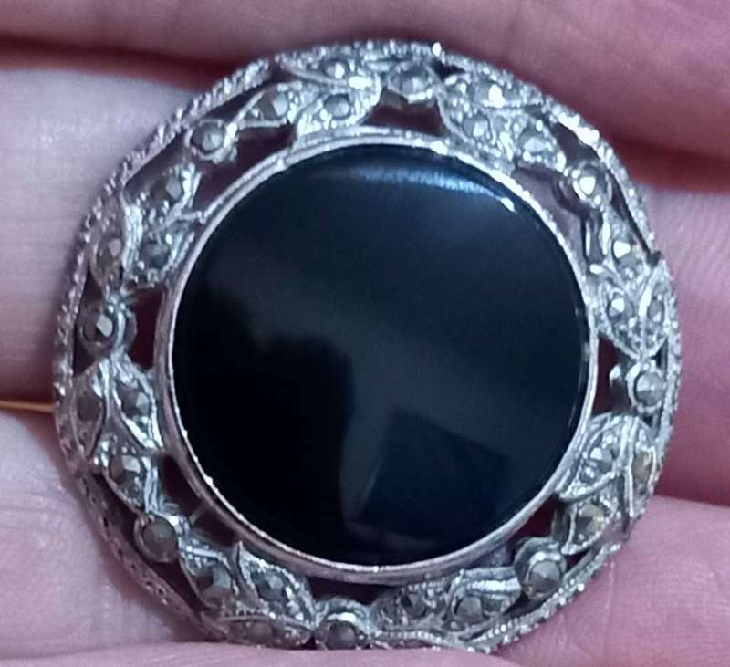 Vintage Sterling Silver Onyx and Marcasite Brooch