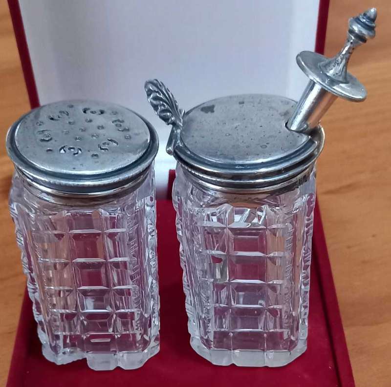Antique Henry Manton Hallmarked Sterling Silver And Crystal Pepper Shaker and Pot with Spoon