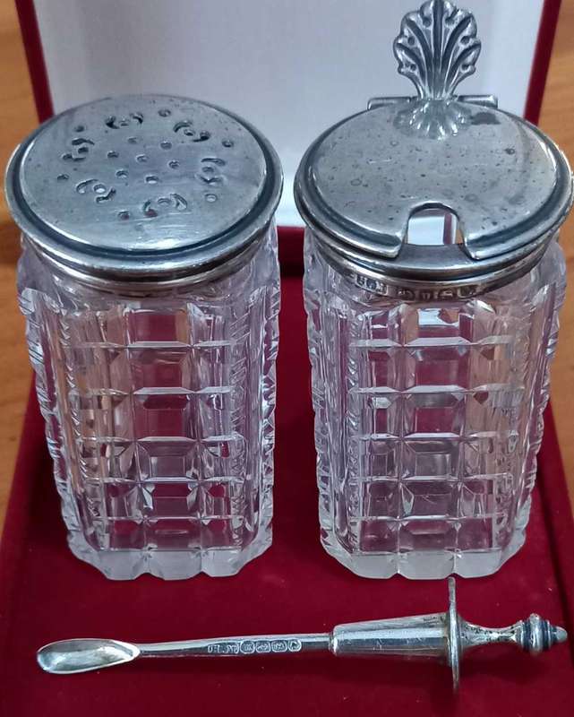 Antique Henry Manton Hallmarked Sterling Silver And Crystal Pepper Shaker and Pot with Spoon