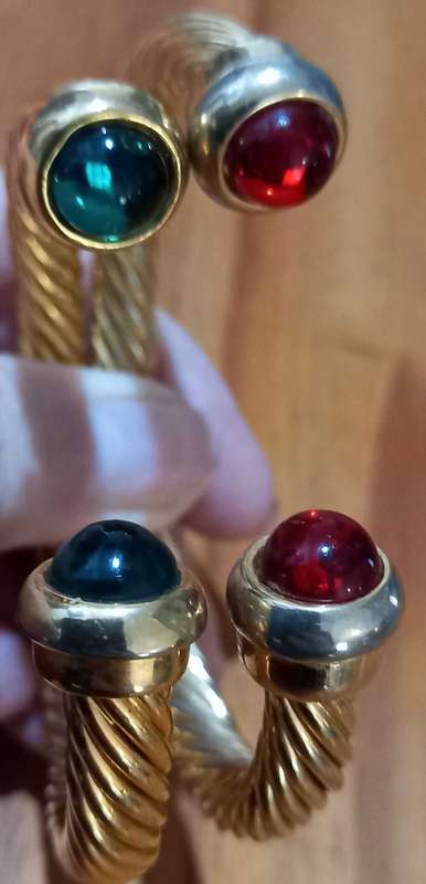Vintage Gold Tone Cable Cuff Bangles with Red and Green Glass Cabachon Stones