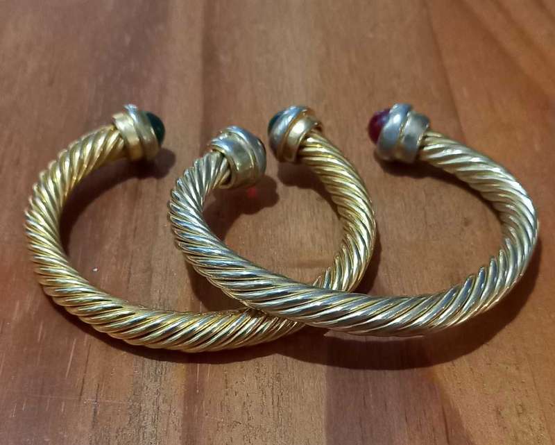 Vintage Gold Tone Cable Cuff Bangles with Red and Green Glass Cabachon Stones