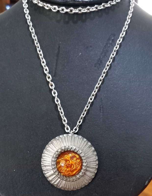 Vintage Kjeld Hansen Pewter Danish Amber Glass Pendant with Chain