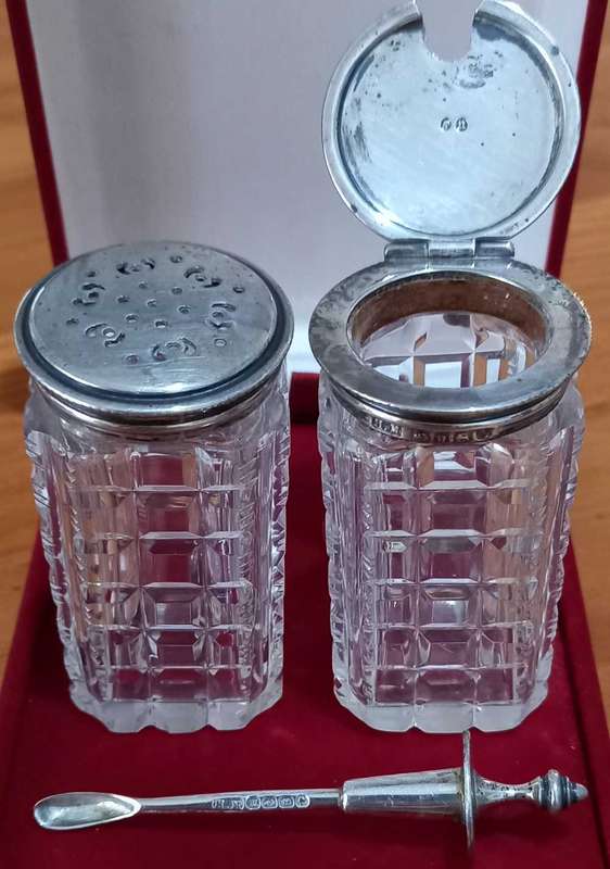 Antique Henry Manton Hallmarked Sterling Silver And Crystal Pepper Shaker and Pot with Spoon