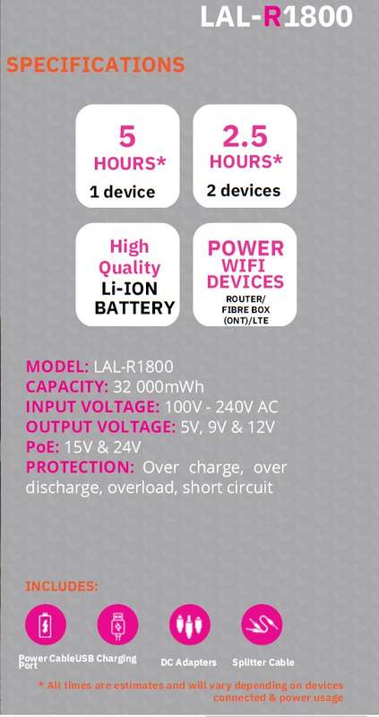 Lalela R1800 Wifi UPS 5-12V 32 000 mWh