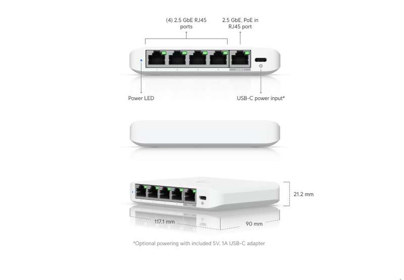 Ubiquiti UniFi Flex Mini 2.5Gbps 5 Port Switch with PoE Input  USW-Flex-2.5G-5-EU
