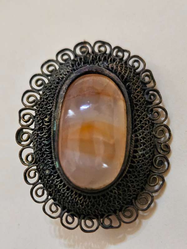 Vintage filigree pin brooch with genuine cabochon