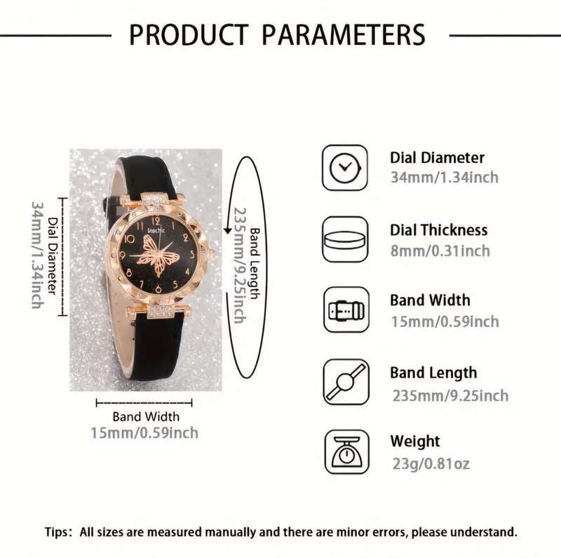 6pcs Chic Butterfly Quartz Watch & Jewelry Set - Elegant Rhinestone, Faux Leather Strap