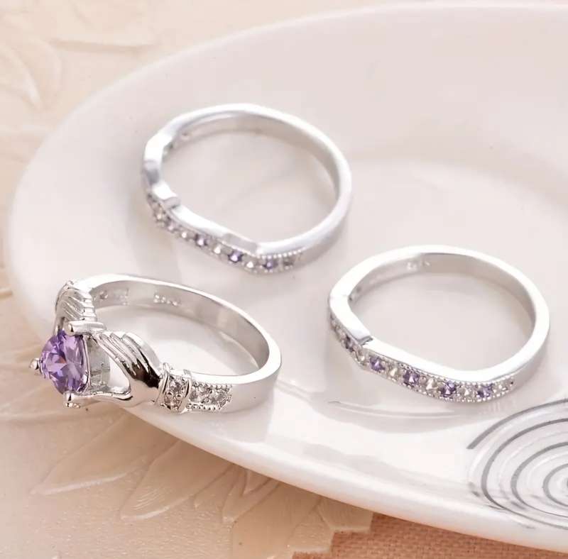 3pcs Trendy Rings, Classic Hollow Love Gesture Stacking Cubic Zirconia Ring
