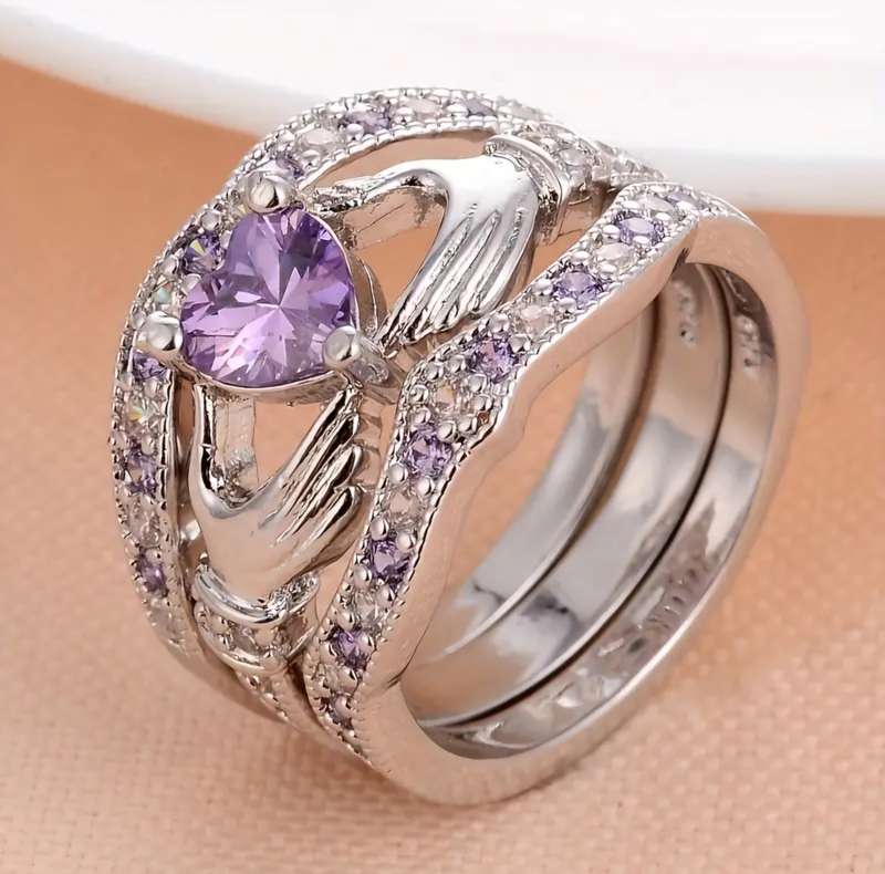 3pcs Trendy Rings, Classic Hollow Love Gesture Stacking Cubic Zirconia Ring