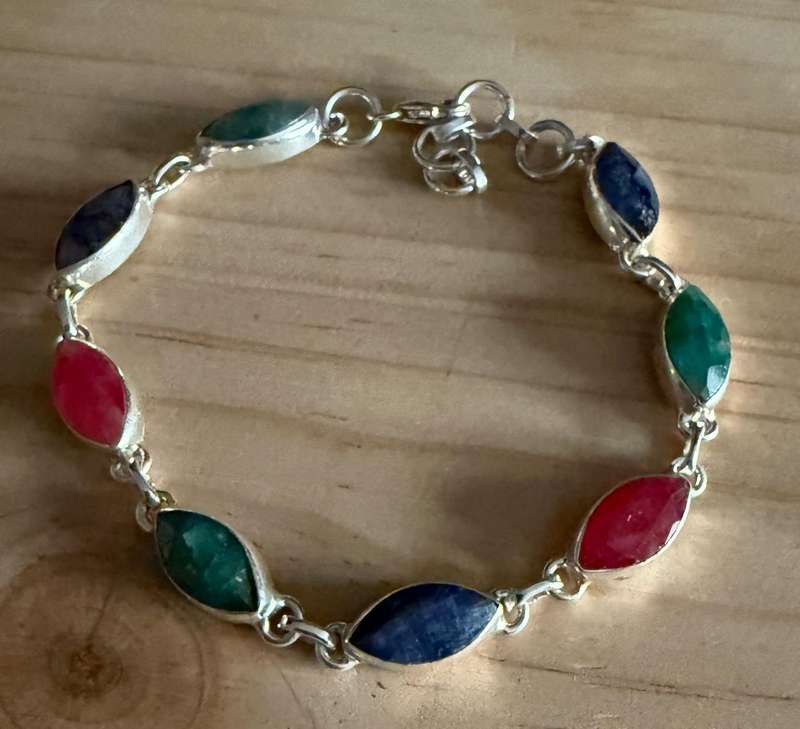 Sterling silver bracelet with Ruby/Emerald and Sapphire Stones