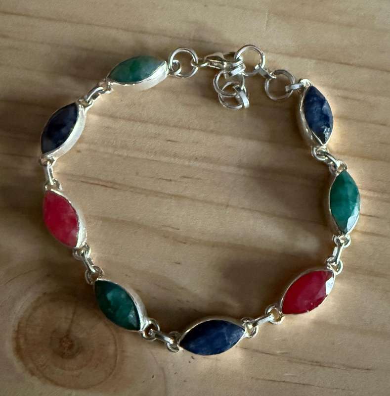 Sterling silver bracelet with Ruby/Emerald and Sapphire Stones