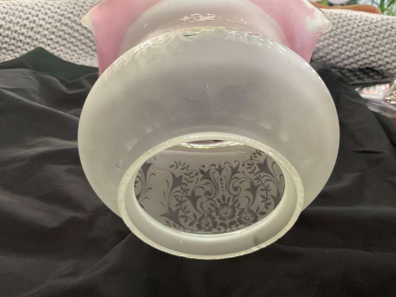 Victorian tulip styled white with pink rimed oil lamp shade