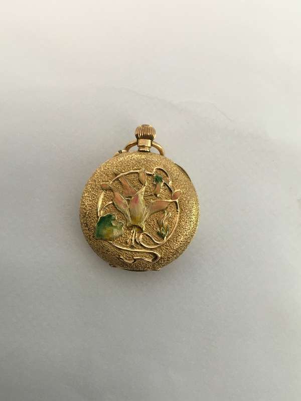 Beautiful Art Nouveau 14 k Gold and Enamel pocket watch