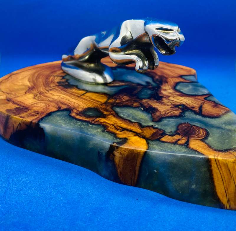 JAGUAR HOOD ORNAMENT ON OLIVE WOOD & RESIN BASE