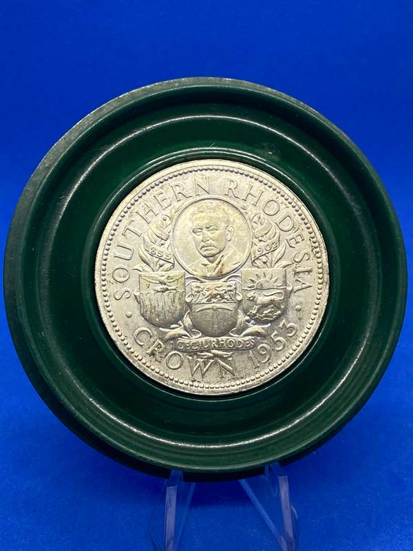 RHODES CENTENARY 1953 SOUTHERN RHODESIA SILVER CROWN IN BAKELITE CASE