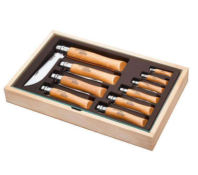 Opinel Carbone Knives 10-piece - Wooden Box Glass Lid
