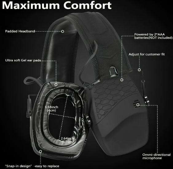 KuVut Electronic Shooting Earmuffs - Black