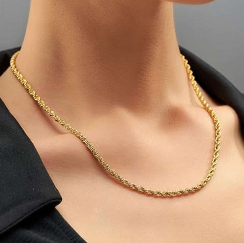 4mm Gold Plated Rope Chain Twist Stainless Steel Necklace - 50cm Length