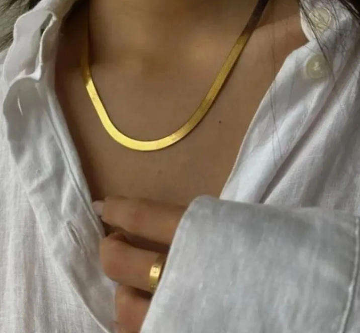 5mm Wide Herringbone Snake Necklace  Gold Plated Stainless Steel, Non-Tarnish