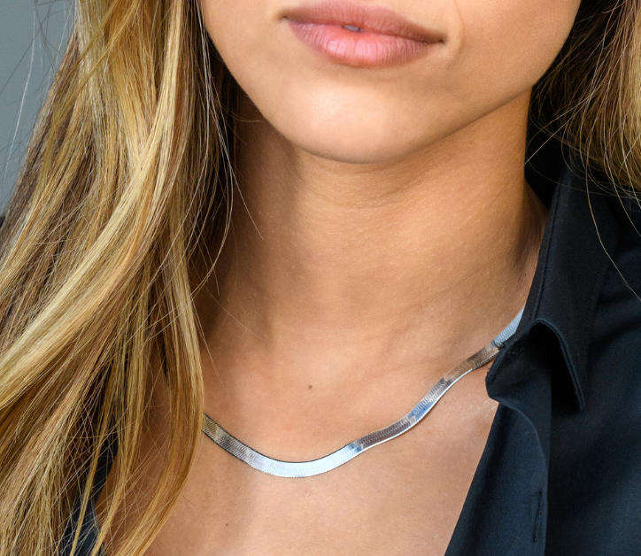 5mm Wide Herringbone Snake Necklace  Silver Plated Stainless Steel, Non-Tarnish