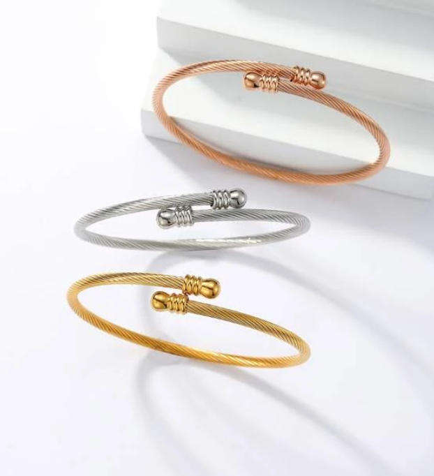 Set of 3 Stainless Steel Twist Cuff Wrap Bangles  Rose, Gold and Silver Elegance in a Gift Box