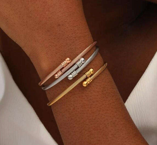Set of 3 Stainless Steel Twist Cuff Wrap Bangles  Rose, Gold and Silver Elegance in a Gift Box