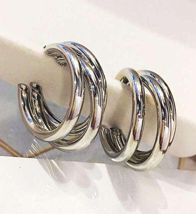 Dark Silver Trio Design Open Hoop Earrings in Jewellery Gift Box