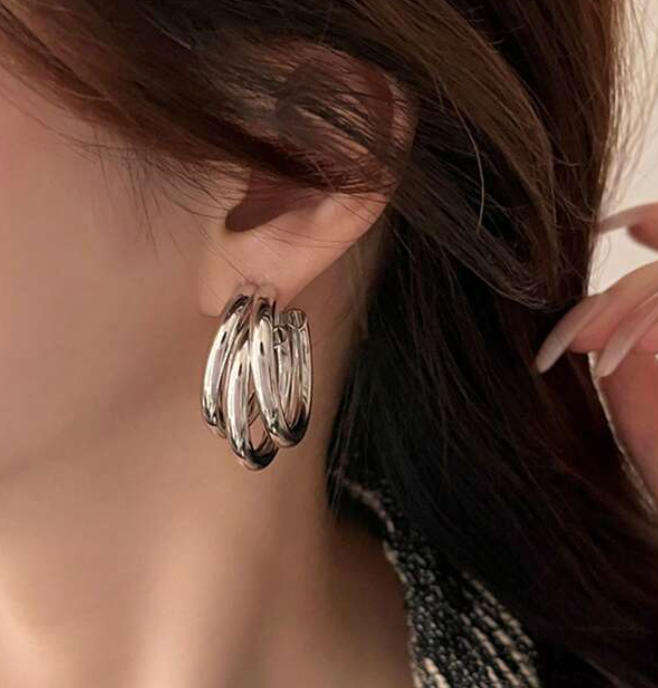 Dark Silver Trio Design Open Hoop Earrings in Jewellery Gift Box