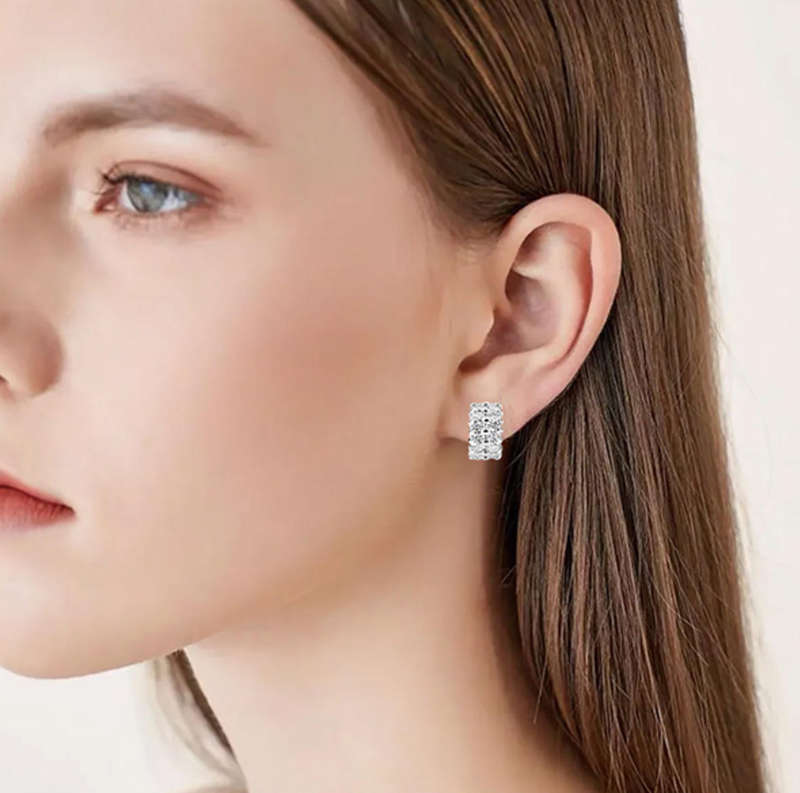 925 Silver Tiny Double Row Crystal Huggie Hoop Earrings