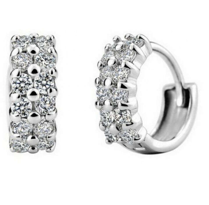 925 Silver Tiny Double Row Crystal Huggie Hoop Earrings