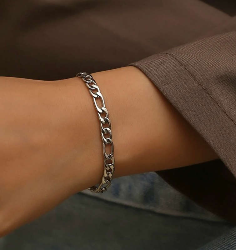 Ladies Cuban Figaro Bracelet Stainless Steel Silver Colour