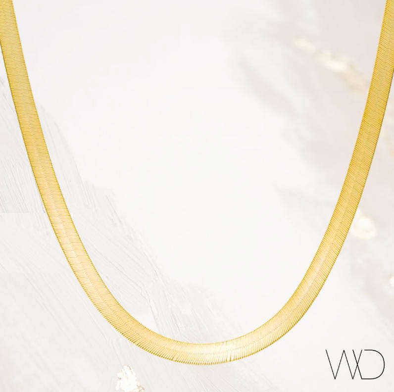 5mm Wide Herringbone Snake Necklace  Gold Plated Stainless Steel, Non-Tarnish