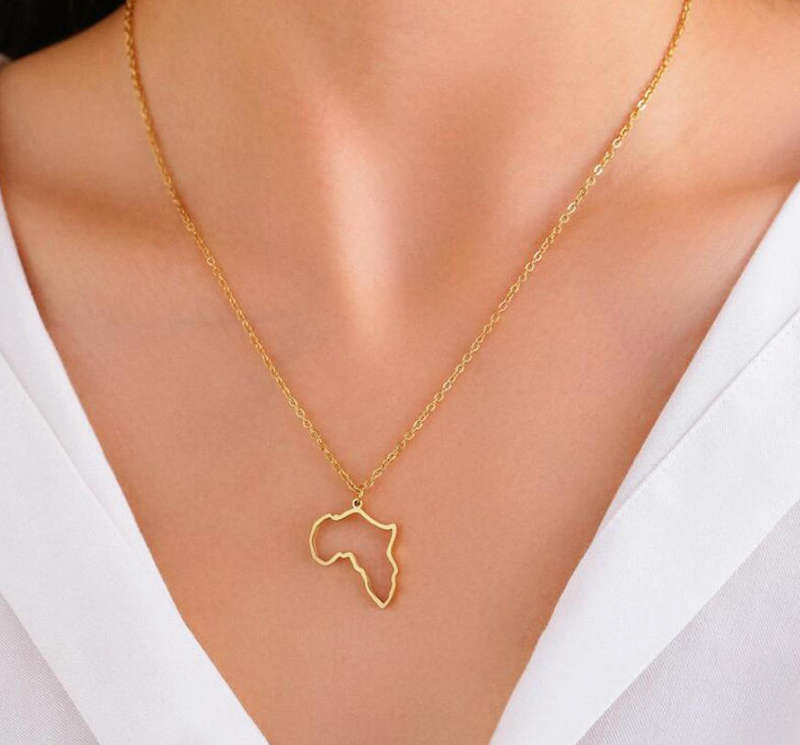 Hollow Map of Africa Gold Plated Non Tarnish Stainless Steel Pendant Necklace