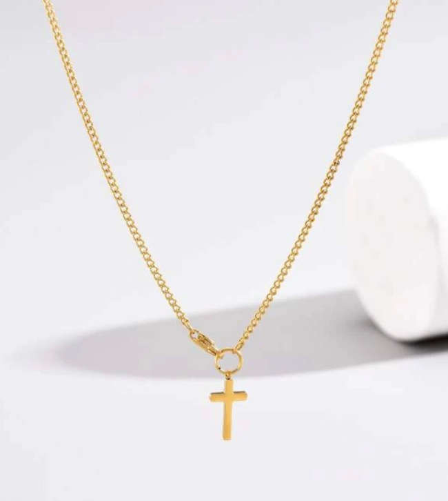 Gold Colour Non Tarnish Stainless Steel Cross Charm Necklace