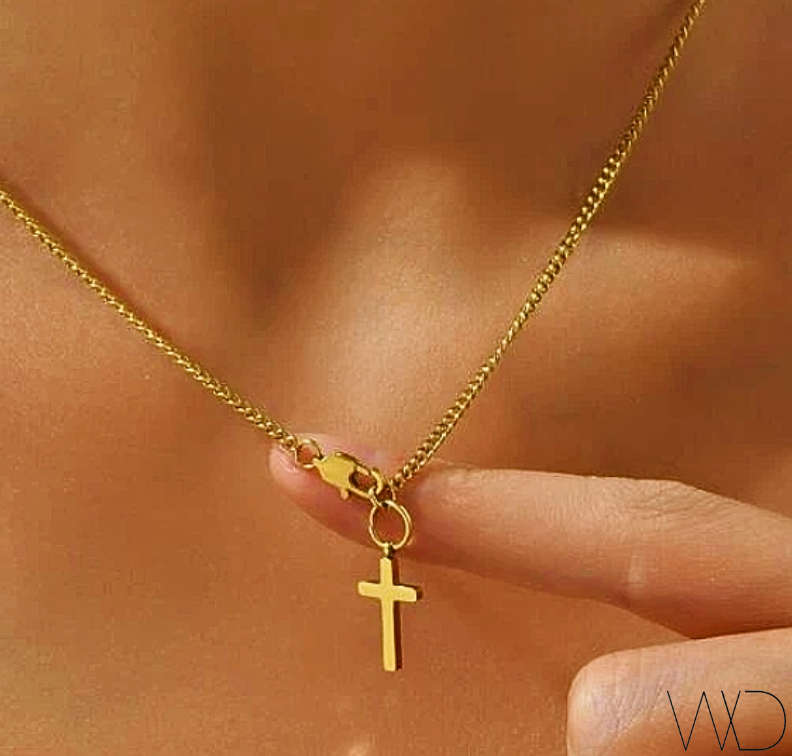 Gold Colour Non Tarnish Stainless Steel Cross Charm Necklace